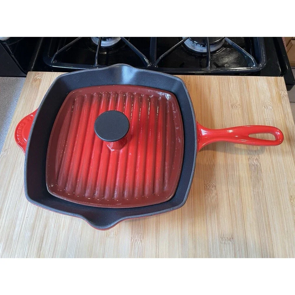 Vintage Le Creuset #26 Red Square Grill Pan France + Cast Iron Panini Press